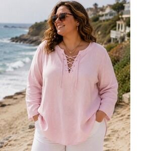 Louise Paris Pink Linen Blend Tunic Top Coastal Resort 2X NWT Lace up